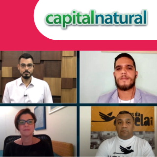 Foto de uma conversa de reunião virtual com Pablo Ribeiro, Paula Fabiani, Igor Alexsander Amorim, e Preto Zezé. Há um logo do programa Capital Natural.